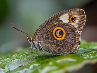 Obraz premium Butterfly on Wet Leaf Closeup