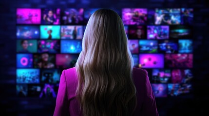 Woman in pink blazer watching vibrant digital screens filled with colorful content