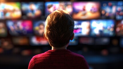 Child watching a vibrant display of streaming content on a large screen in a cozy living room
