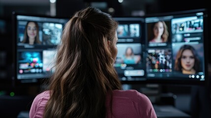 Woman Analyzing Video Content on Multiple Monitors in a Modern Editing Suite
