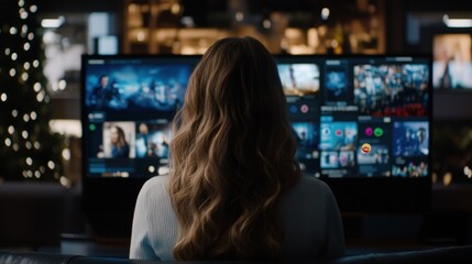 Woman watching a large screen displaying various media content in a cozy, modern living room