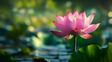 A beautiful pink lotus flower gracefully blooms amidst serene green leaves in a tranquil setting.