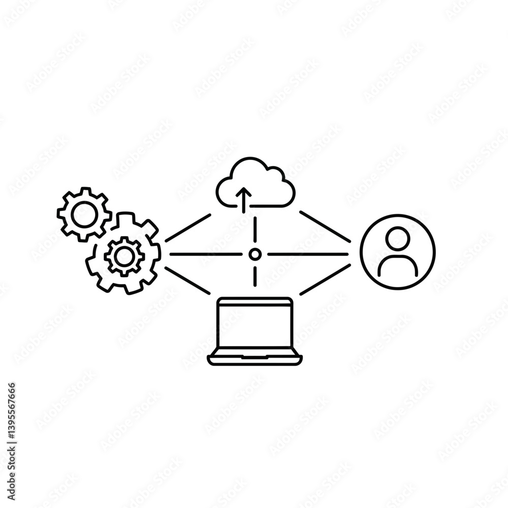 Poster digital connectivity: seamless integration of gears, cloud, and user on the computer, emphasizing th