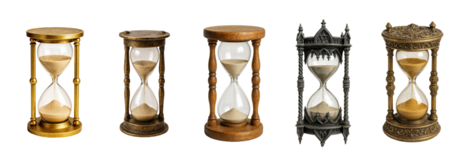Elegant Hourglass Collection Representing Time Passing. Transparent background PNG cutout.