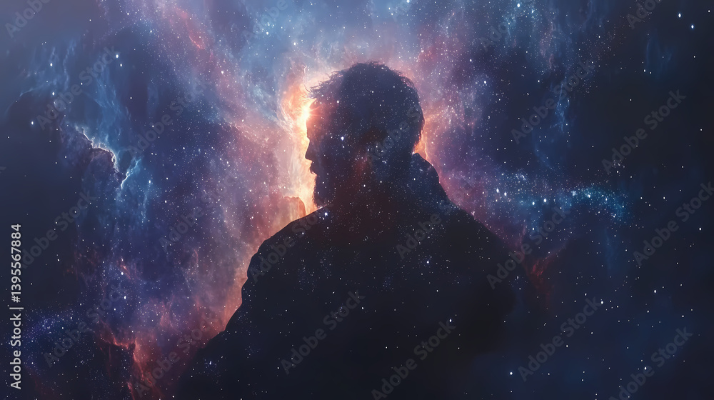 Canvas Prints double exposure artwork of a thoughtful man fading into the vastness of space, merging with luminous