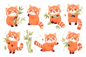 Obraz premium Cute Red Panda Characters with Bamboo Set