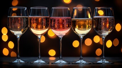 Five elegant wine glasses filled with different colored drinks against a blurred bokeh background