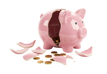 Isolated Broken Piggy Bank with Scattered Gold Coins