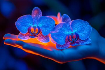 Vibrant blue orchids illuminated in neon colors, elegantly resting in an outstretched hand, showcasing natural beauty.