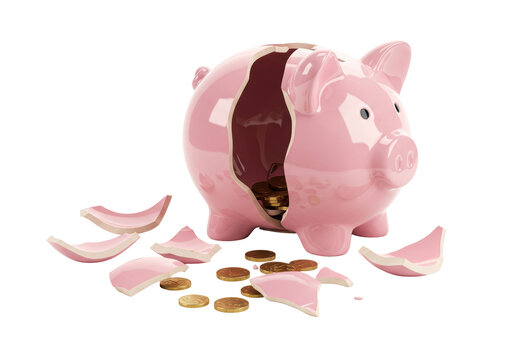 Isolated Broken Piggy Bank with Scattered Gold Coins