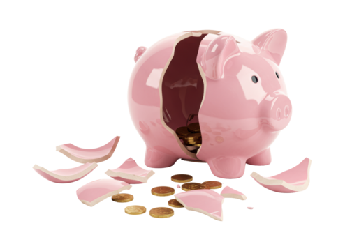 Isolated Broken Piggy Bank with Scattered Gold Coins