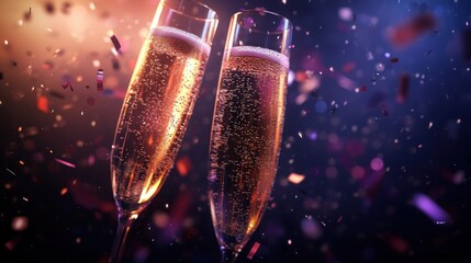Two sparkling champagne flutes clinking together in a festive celebration with colorful confetti