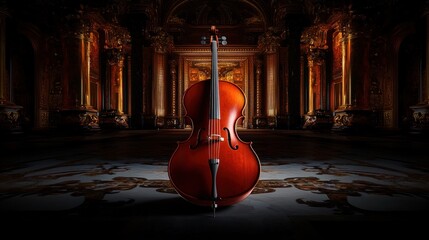 A beautifully crafted cello stands prominently in a grand, dimly lit ornate hall, showcasing artistry