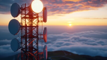 Sunset view of a telecommunications tower above the clouds, capturing a serene landscape
