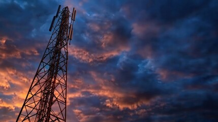 Tower silhouetted against a vibrant sunset sky, capturing the beauty of nature and technology