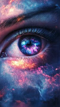 Human eye glowing with cosmic lightning, nebula colors, electric iris