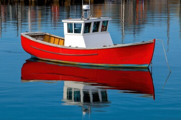 Obraz premium Vibrant Lobster Vessel Anchored in Maine Harbor - A Splash of Red in New England Waters