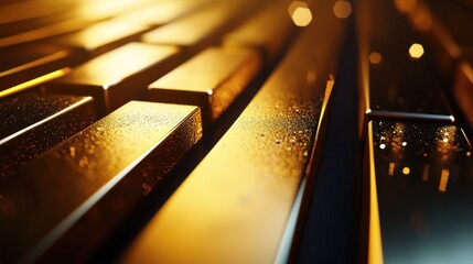 Close-up view of shiny gold bars arranged in parallel, illuminated by warm light, creating a luxurious atmosphere