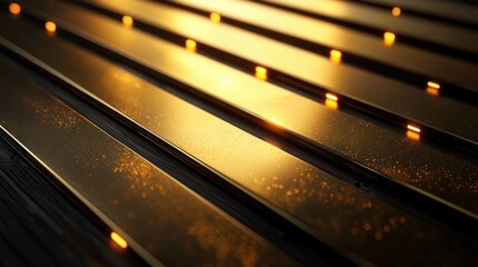 Close-up view of illuminated metallic slats reflecting warm light in a dark setting