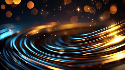 Abstract swirling pattern of vibrant gold and blue lights with a bokeh background effect