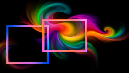 Vibrant swirling colors explode from a matte black background through overlapping gradient frames