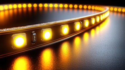 Close-up of a glowing LED strip light on a reflective surface, creating a warm ambiance