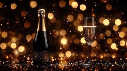 Sparkling champagne bottle and glass on a shimmering golden background, perfect for celebrations