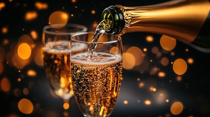 Sparkling champagne being poured into glasses, with a festive bokeh background, perfect for celebrations