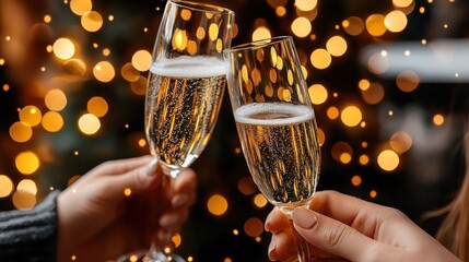 Celebration with two people toasting with champagne flutes against a festive bokeh background