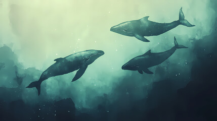 Fototapeta premium Dreamy watercolor whales swimming beneath a starlit ocean surface with copy space. Starlit Shoals. Illustration