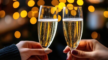 Two hands clinking champagne glasses in a festive setting with blurred lights in the background