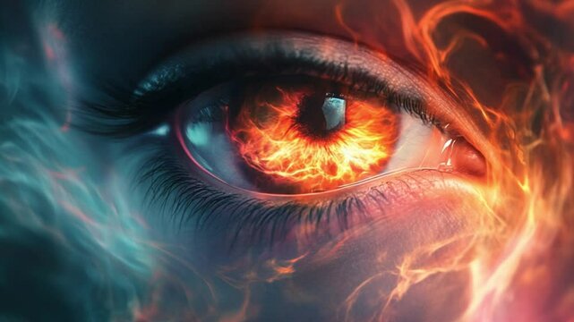 Burning eye with fiery iris, glowing veins, intense stare