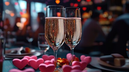 Romantic celebration with champagne glasses surrounded by heart-shaped decorations in a cozy restaurant