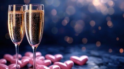 Romantic celebration with two champagne flutes surrounded by pink hearts and soft bokeh lights