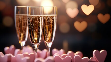 Romantic celebration with sparkling drinks in elegant glasses surrounded by heart decorations