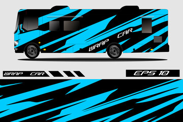 Sleek blue and black vehicle wrap design showcasing dynamic stripes on a modern RV