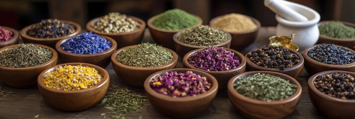 Various, bright spices in wooden bowls arranged provide an interesting organic touch to ingredient-based projects and earthy themes.