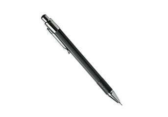 A floating mechanical pencil with lead visible, horizontally aligned, on a solid white background