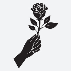 hand holding linocut rose branch silhouette vector art illustration, hand holding rose