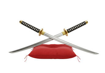Isolated Crossed Katana Swords Resting Red Cushion