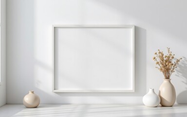 Minimalist interior showcasing empty frame and decorative vases with dried flowers