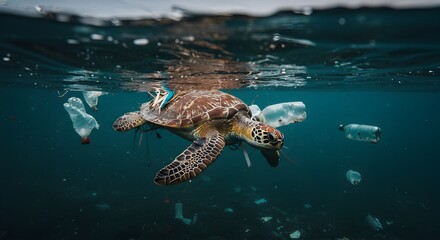 Obraz premium Ocean Pollution Sea Turtle Entangled in Plastic Waste, Urgent Call for Environmental Action