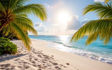 Obraz premium Serene tropical beach with golden sand, lush palm trees, and a bright sun reflecting on calm turquoise waters