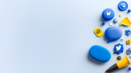 Blue social media icons, communication, pastel background, advertising