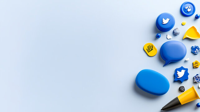 Blue social media icons, communication, pastel background, advertising