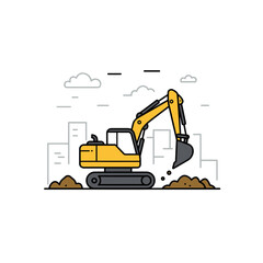 Naklejka premium Construction excavator at work: An illustrated yellow excavator diligently digs into the earth at a construction site, highlighting its role in groundwork and project development. 