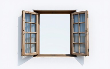 A wooden window with open double frames, showcasing a clear sky beyond and a minimalist wall