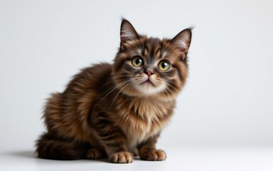 A fluffy feline with striking green eyes, sitting gracefully against a minimalist backdrop