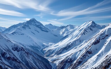 Obraz premium A breathtaking view of snow-covered mountains under a clear blue sky with soft clouds