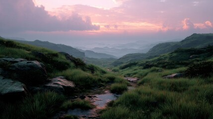 Obraz premium Serene Mountain Landscape at Dawn with Gentle Mist and Soft Lighting